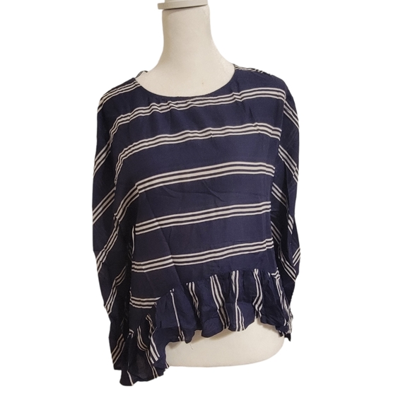 ZARA navy blue striped size xs ruffle long sleeve  blouse - Picture 1 of 4